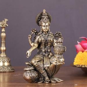 4" Brass Lakshmi Idol on Lotus | Divine Prosperity Murti | Sacred Temple Art